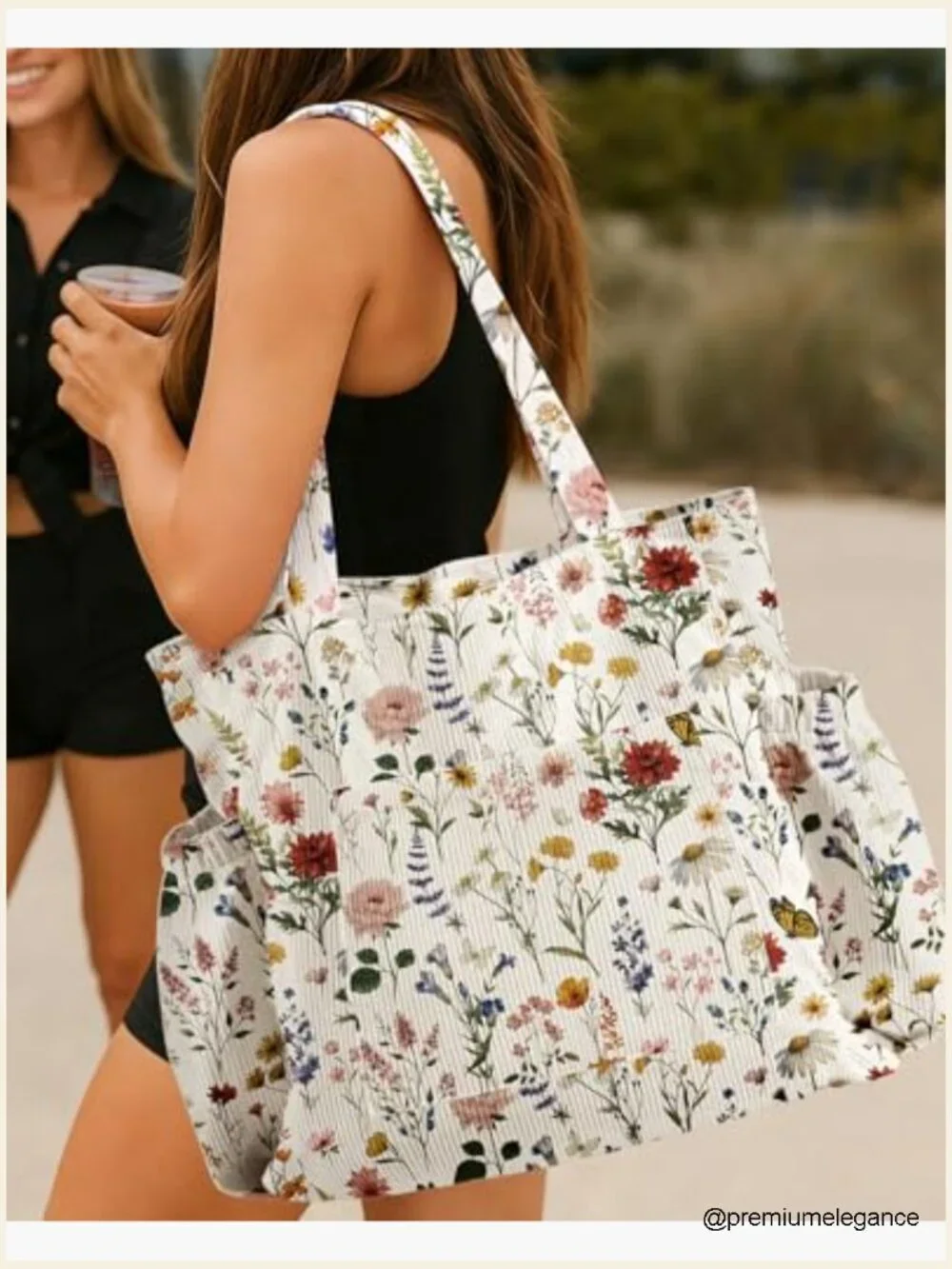 Large Corduroy Tote Bag with Zipper Multi-Pocket Shoulder Bag for School Work